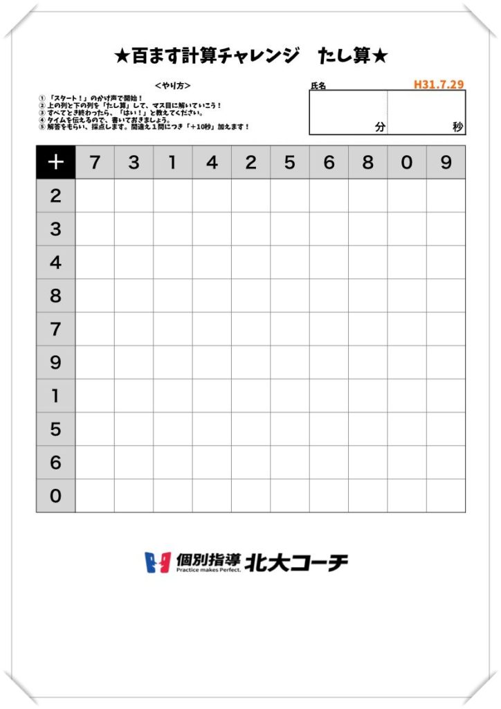 スピードは正義 100マス計算チャレンジ 個別指導北大コーチ